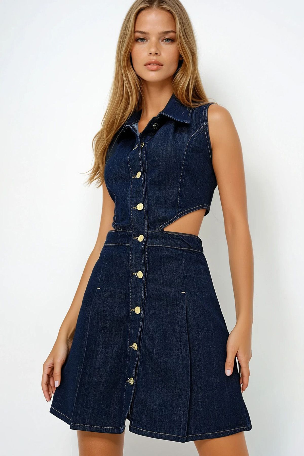 VAGGON Gömlek Yaka Sıfır Kol Cut-Out Jean Elbise