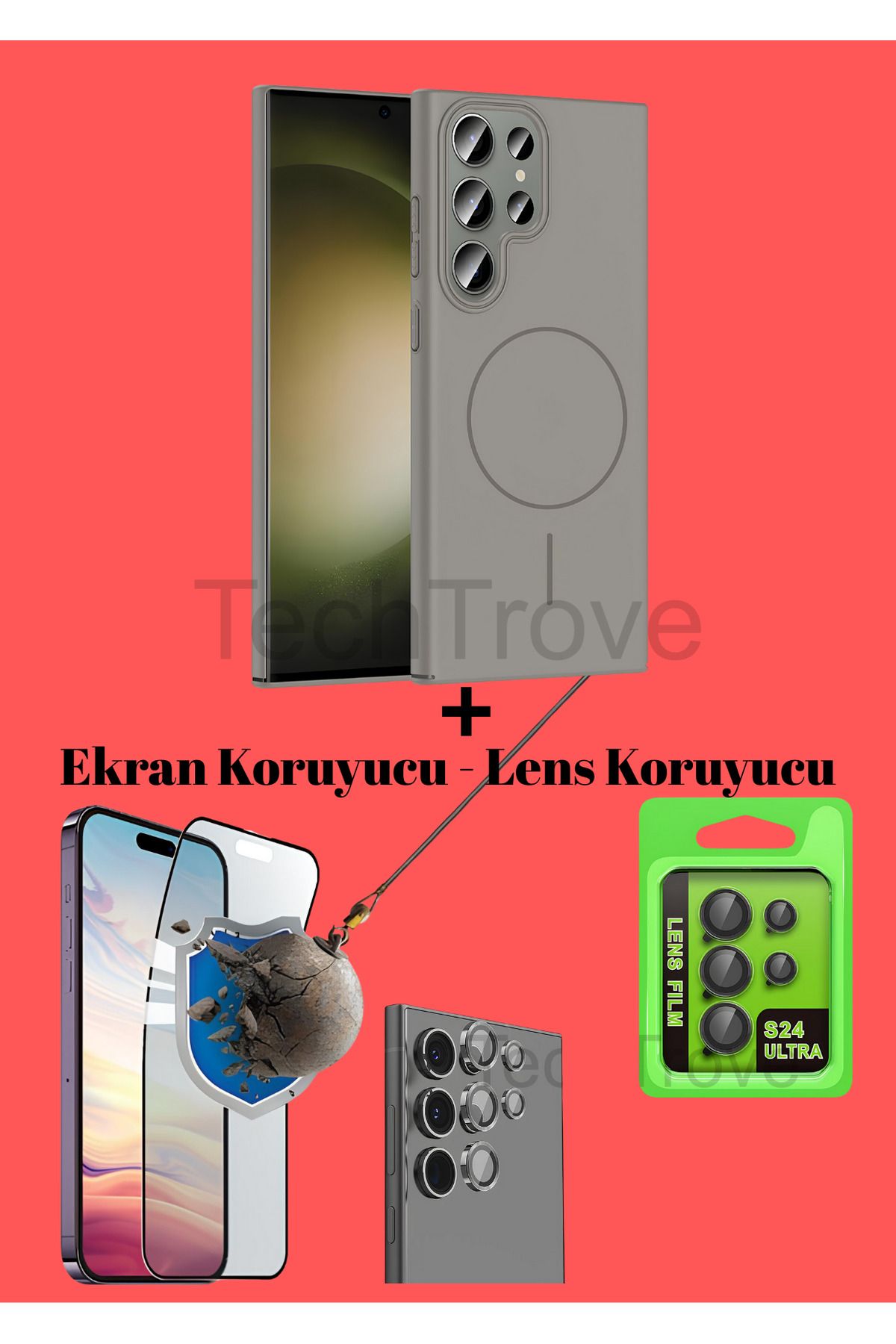 TechTrove Samsung Galaxy S24 Ultra Kılıf Magsafe Özellikli Kamera Koruma ve Ekran Koruyucu 3'lü Set