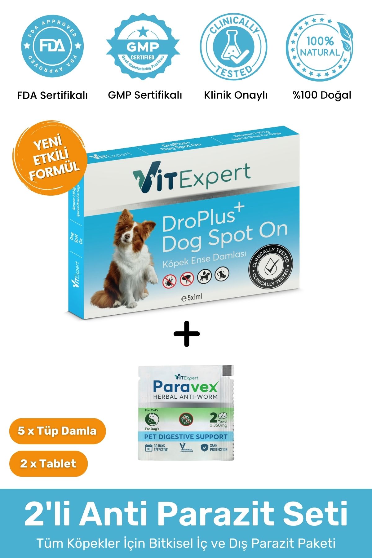 Vitexpert 2'li Set Köpek İç Dış Anti Parazit Tüm Köpekler İçin Bitkisel 5 Damla ve 2 Tablet Paketi