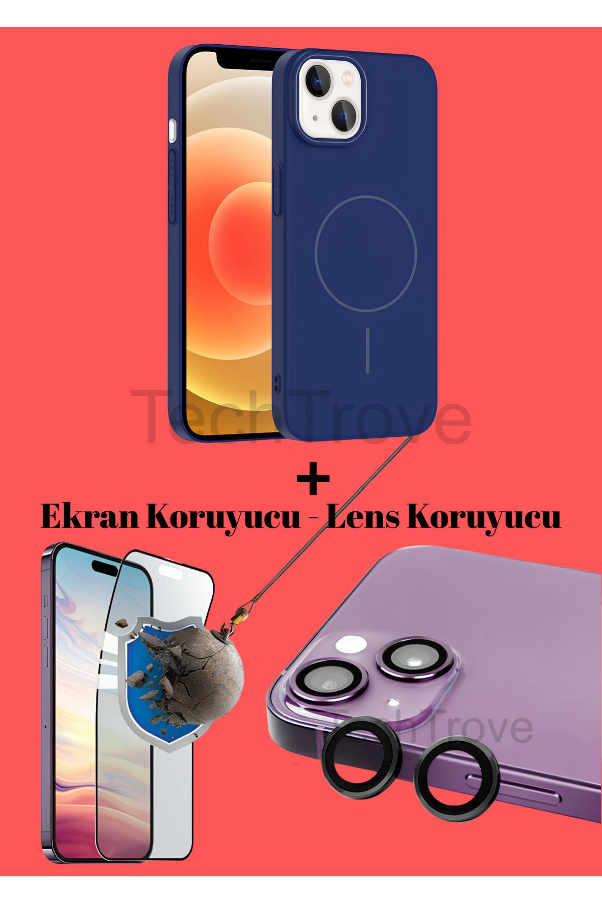TechTrove Apple iphone 14 Kılıf Magsafe Özellikli Kamera Koruma ve Ekran Koruyucu 3'lü Set