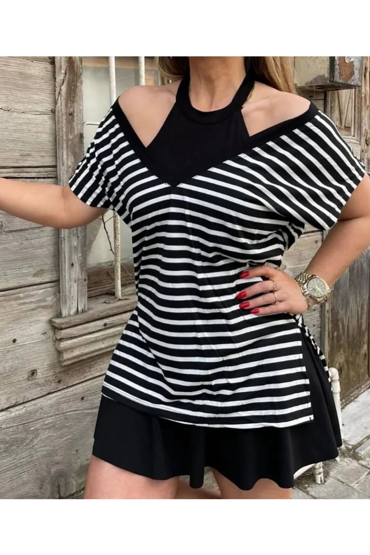 Butik İÇ ATLET DETAYLI ÇiZGİLİ TUNİK TSHİRT