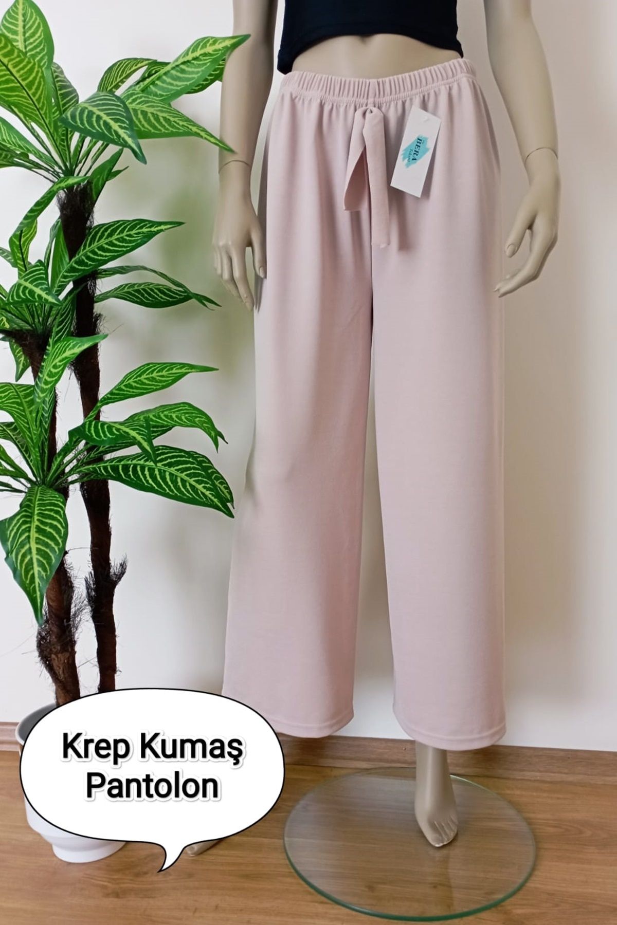 VİP BERA TEKSTİL Kadın Bej Dökümlü Krep Kumaş Beli Lastikli Bol Paça Pantolon