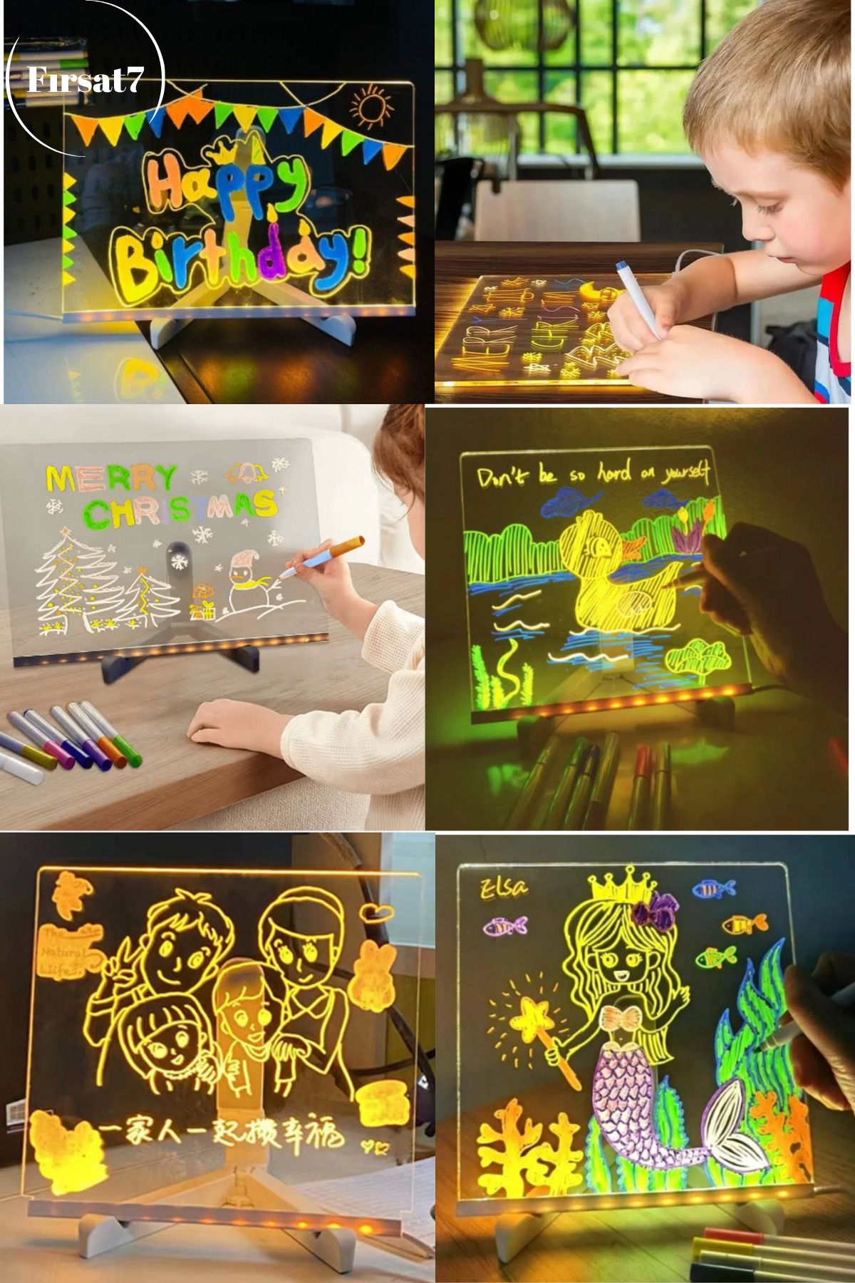 Fırsat7 Led Işıklı Çizim Tableti Ayarlanabilir Standlı Silinebilir Usbli Eğitici 7 Kalem Led Tablet