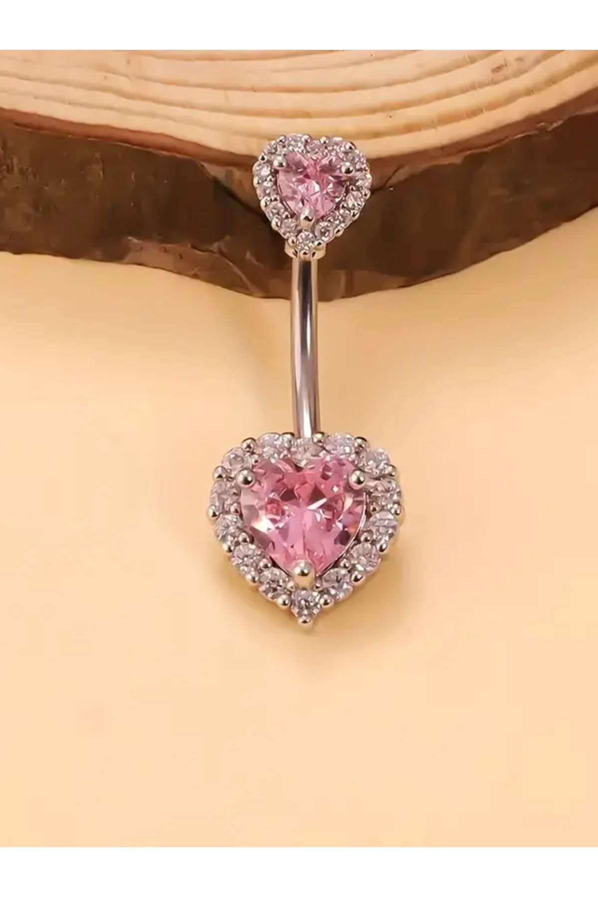 DCPİERCİNG Pembe Zirkon Çift Kalp Göbek Belly Piercing