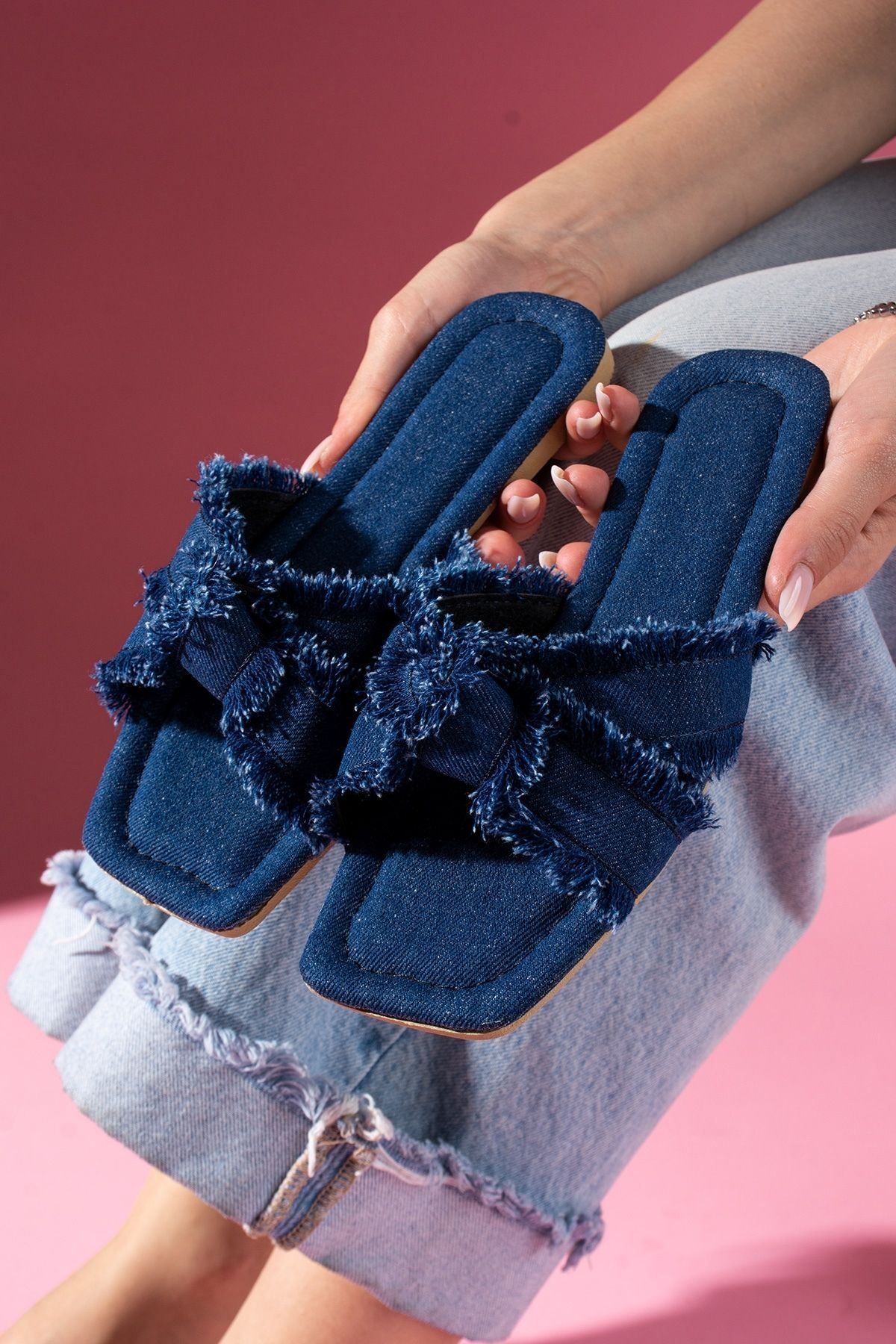 FUGA MODA Casia Lacivert Kot Kumaş Düğüm Detaylı Terlik