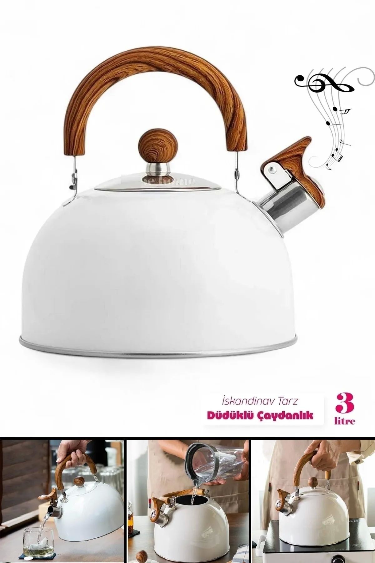 Rosemor Çaydanlık 3 Litre Düdüklü Çaydanlık İskandinav Ahşap Su Isıtıcı Islık Çalan Çaydanlık Kettle Demlik
