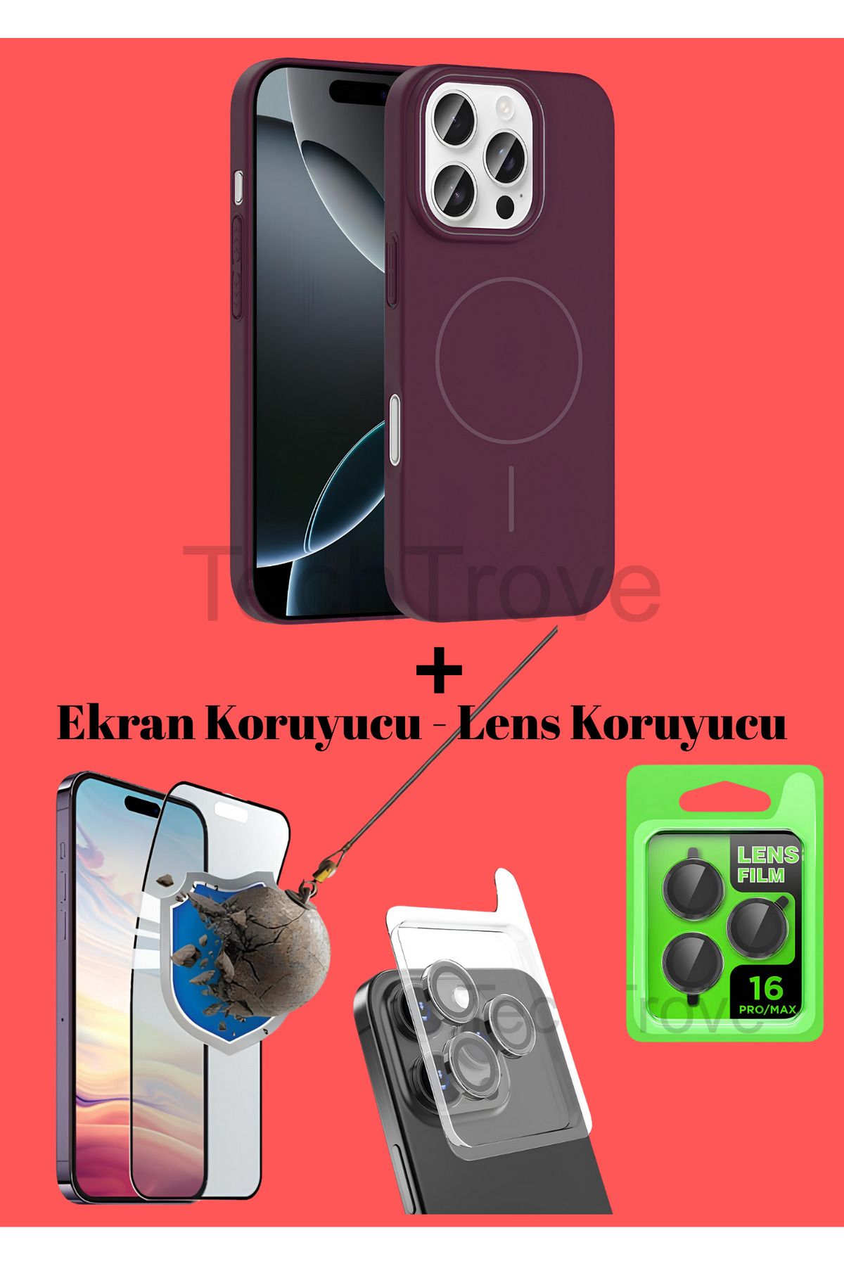 TechTrove Apple iphone 16 Pro Max Kılıf Magsafe Özellikli Kamera Koruma ve Ekran Koruyucu 3'lü Set