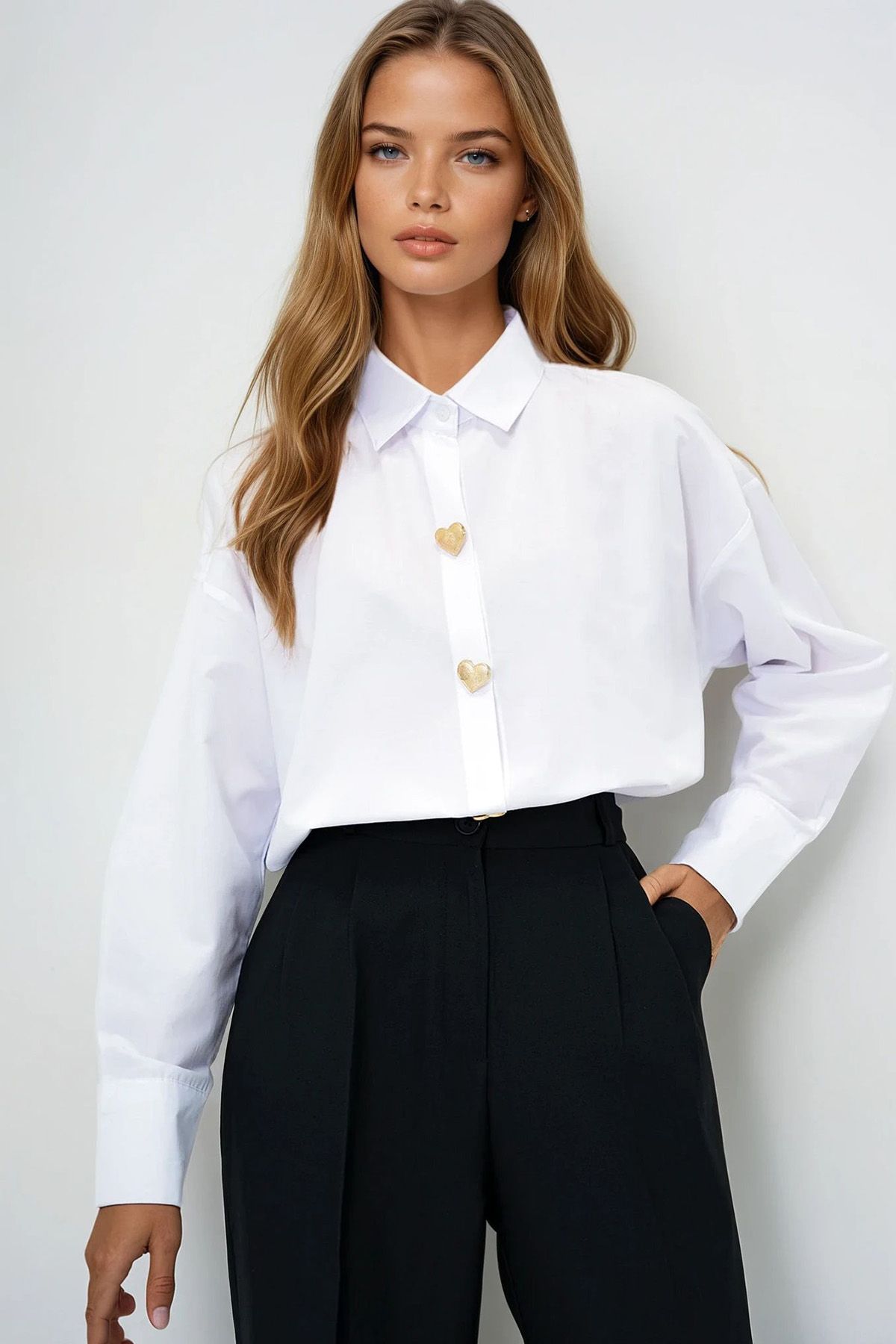 VAGGON Kalp Düğmeli Oversize Poplin Gömlek