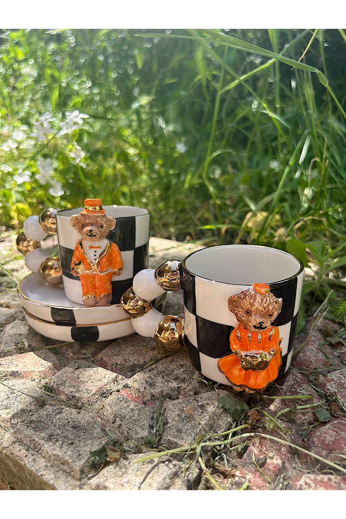 vanilya accessory İki kişilik teddy fincan turuncu kız-erkek (Seramik)