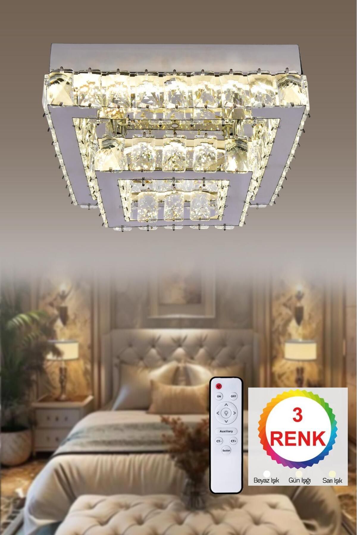 Stella Taşlı Ledli krom kumandalı yatak odası salon oturma odası çocuk odası gün ışığı 3 renk