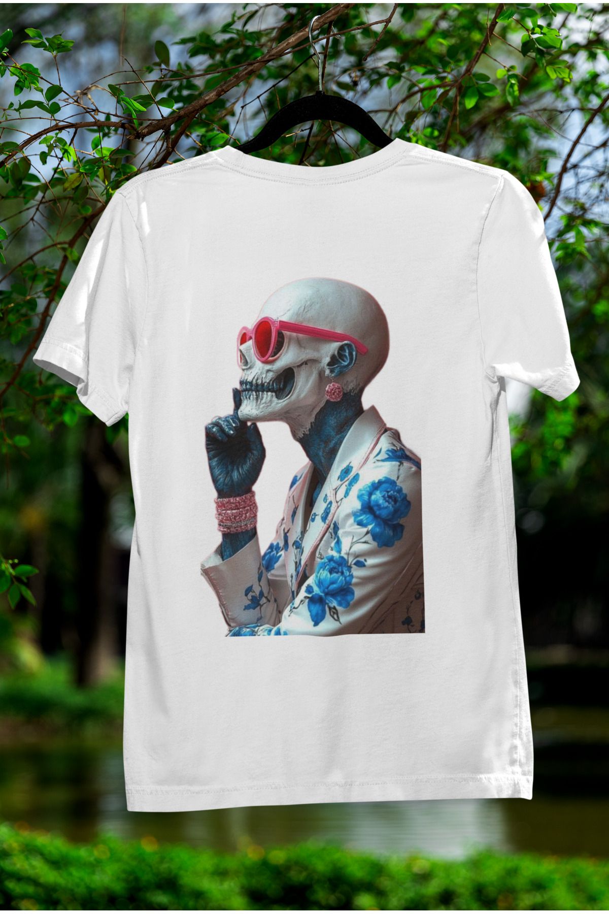 MAGORS İSKELET SIRT BASKILI BİSİKLET YAKA PAMUKLU OVERSIZE KALIP KISA KOLLU TSHIRT