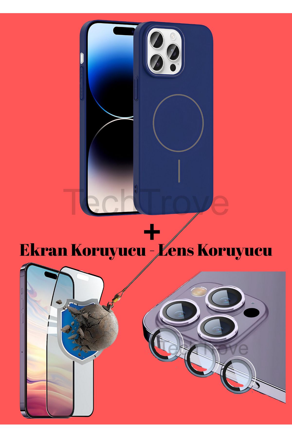 TechTrove Apple iphone 14 Pro Max Kılıf Magsafe Özellikli Kamera Koruma ve Ekran Koruyucu 3'lü Set