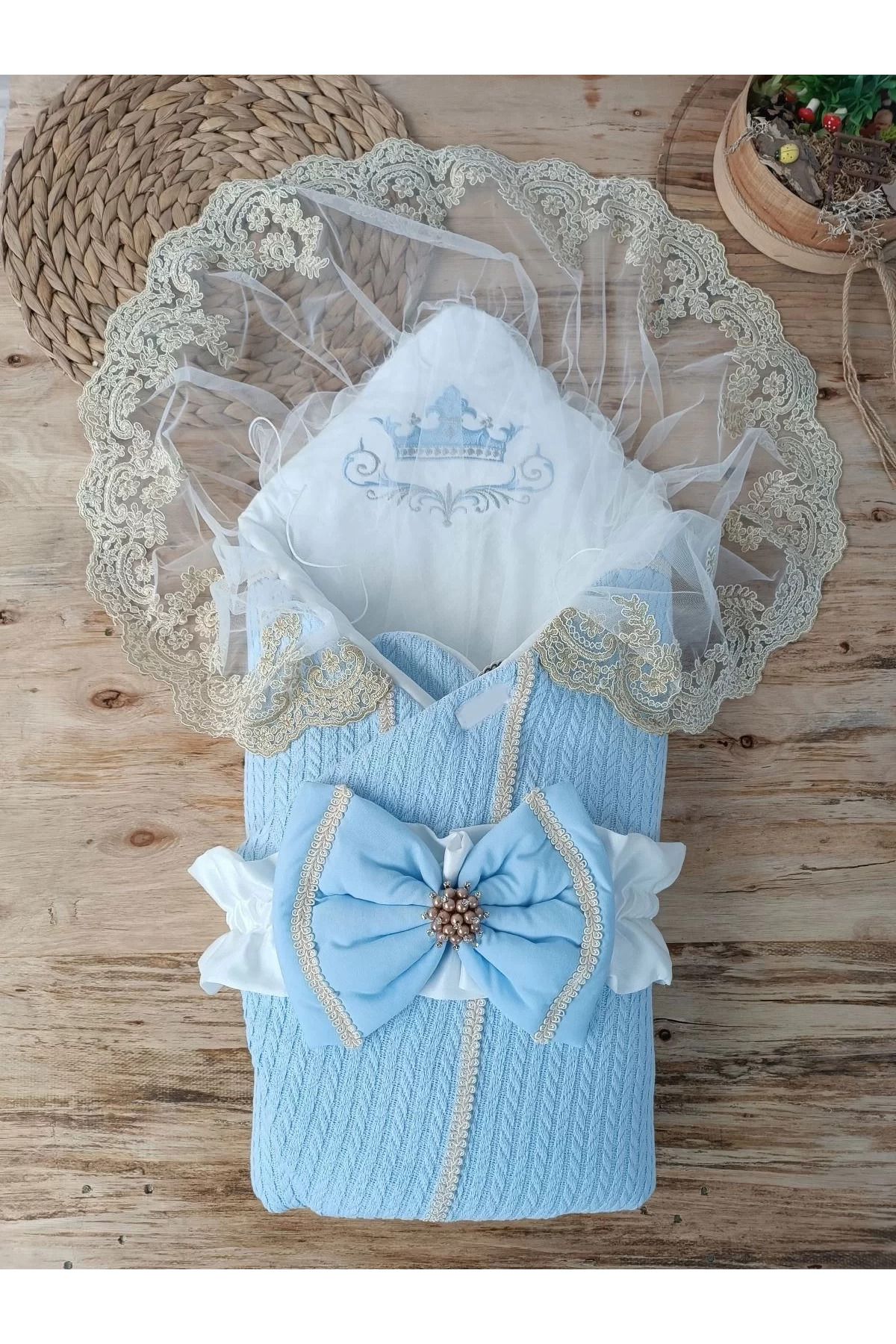 yusuftex Yenidoğan Tericotton Örgülü Trilüx Bebek Battaniyesi Kundak Mavi