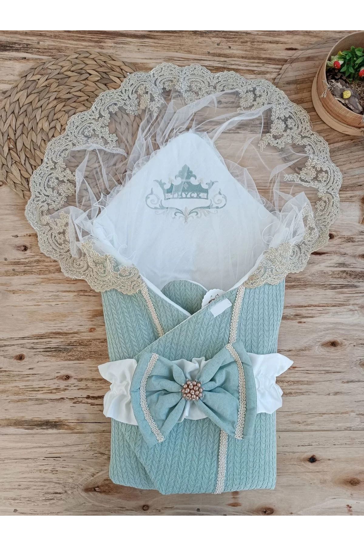 yusuftex Yenidoğan Tericotton Örgülü Trilüx Bebek Battaniyesi Kundak Yeşil