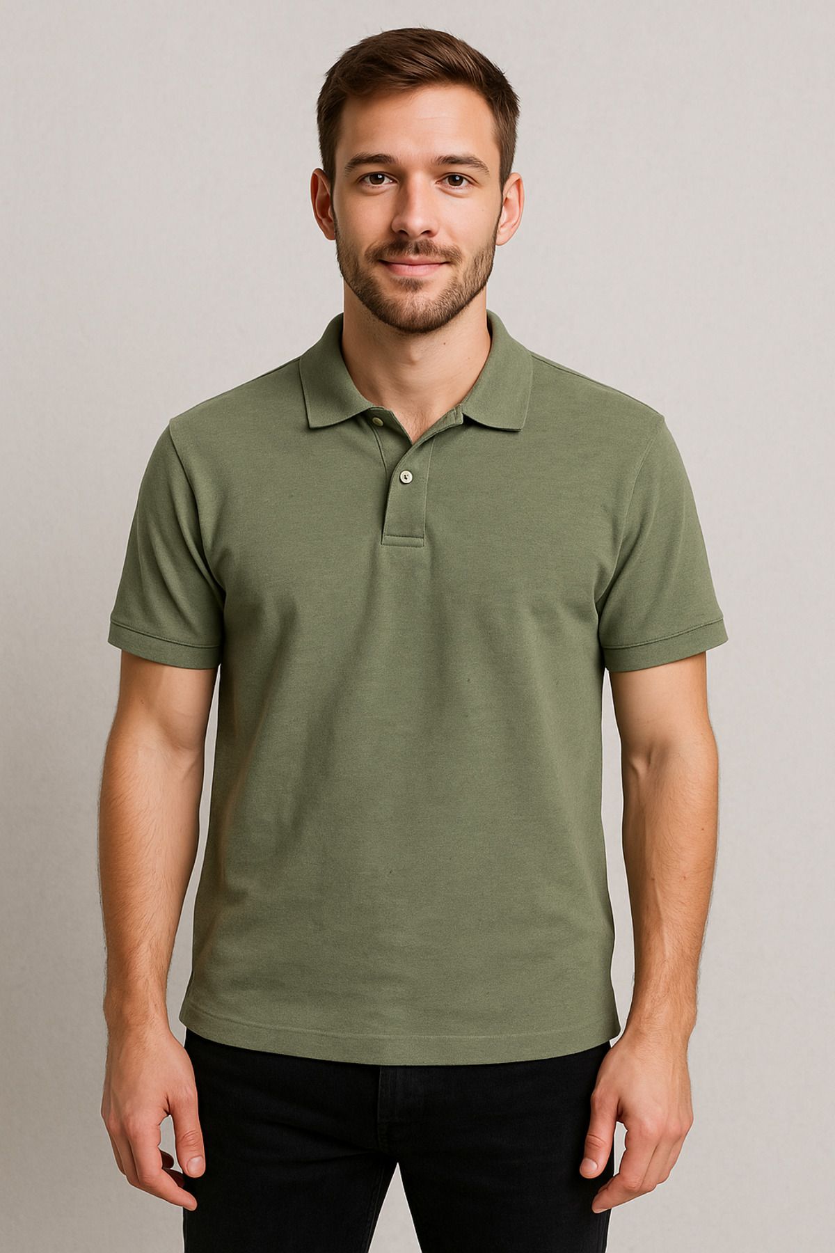 LeiraGYM Basic Fit Erkek Polo Yaka Haki Tişört