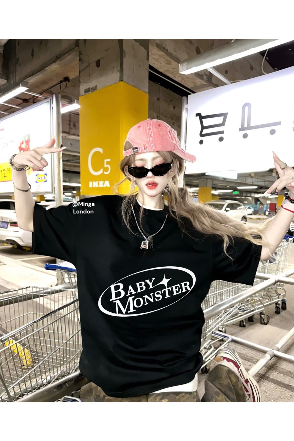 Minga London Siyah Baby Monster Ön Baskılı Oversize Unisex T-shirt -mingalondon