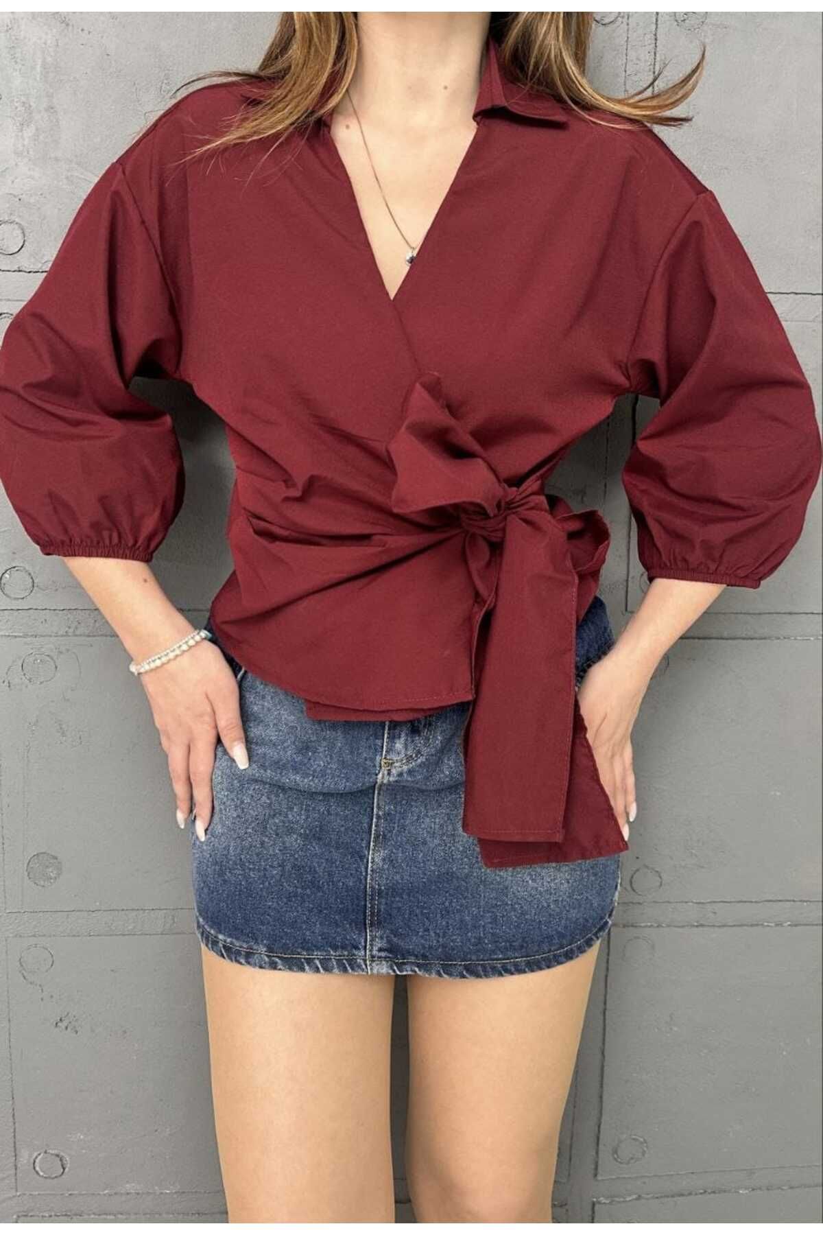 Butik Merline Kadın Bordo Kruvaze Model Yeni Trend Premium Üst Kalite Pamuk Dokuma Gömlek