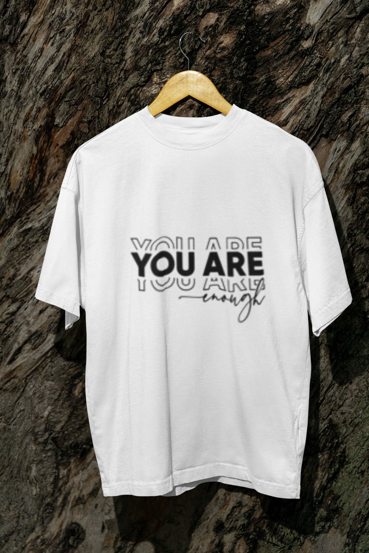 MG YOU ARE ENOUGH BASKILI UNISEX BİSİKLET YAKA PAMUKLU OVERSIZE KALIP KISA KOLLU T-SHIRT