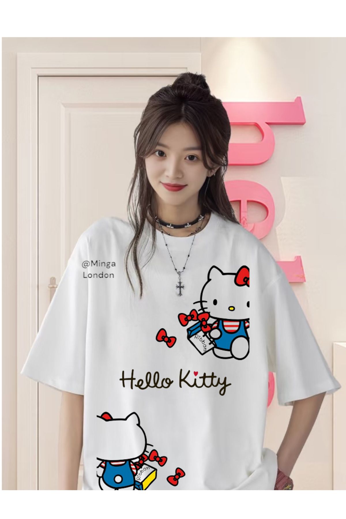 Minga London Beyaz Hello Kitty Twins Ön Baskılı Oversize Unisex T-shirt -mingalondon