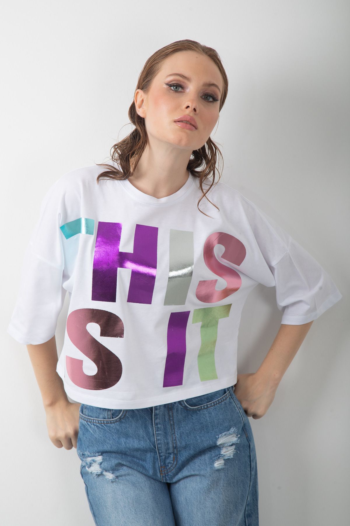 top girl Varak YAzı Baskılı Oversize Kadın Crop Parlak Tişört