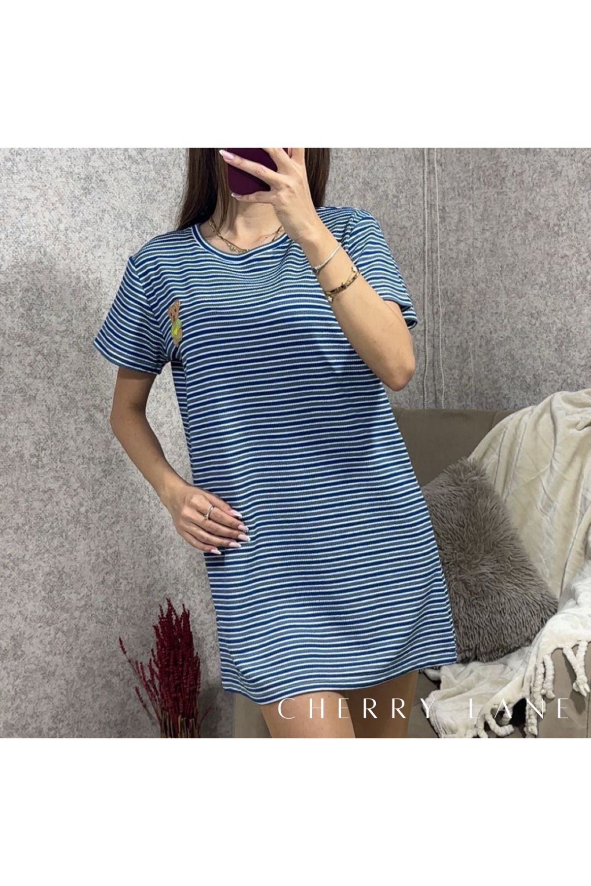 Cherry Lane Mavi/Beyaz Çizgili Ayıcık Arma Detaylı T-shirt Elbise