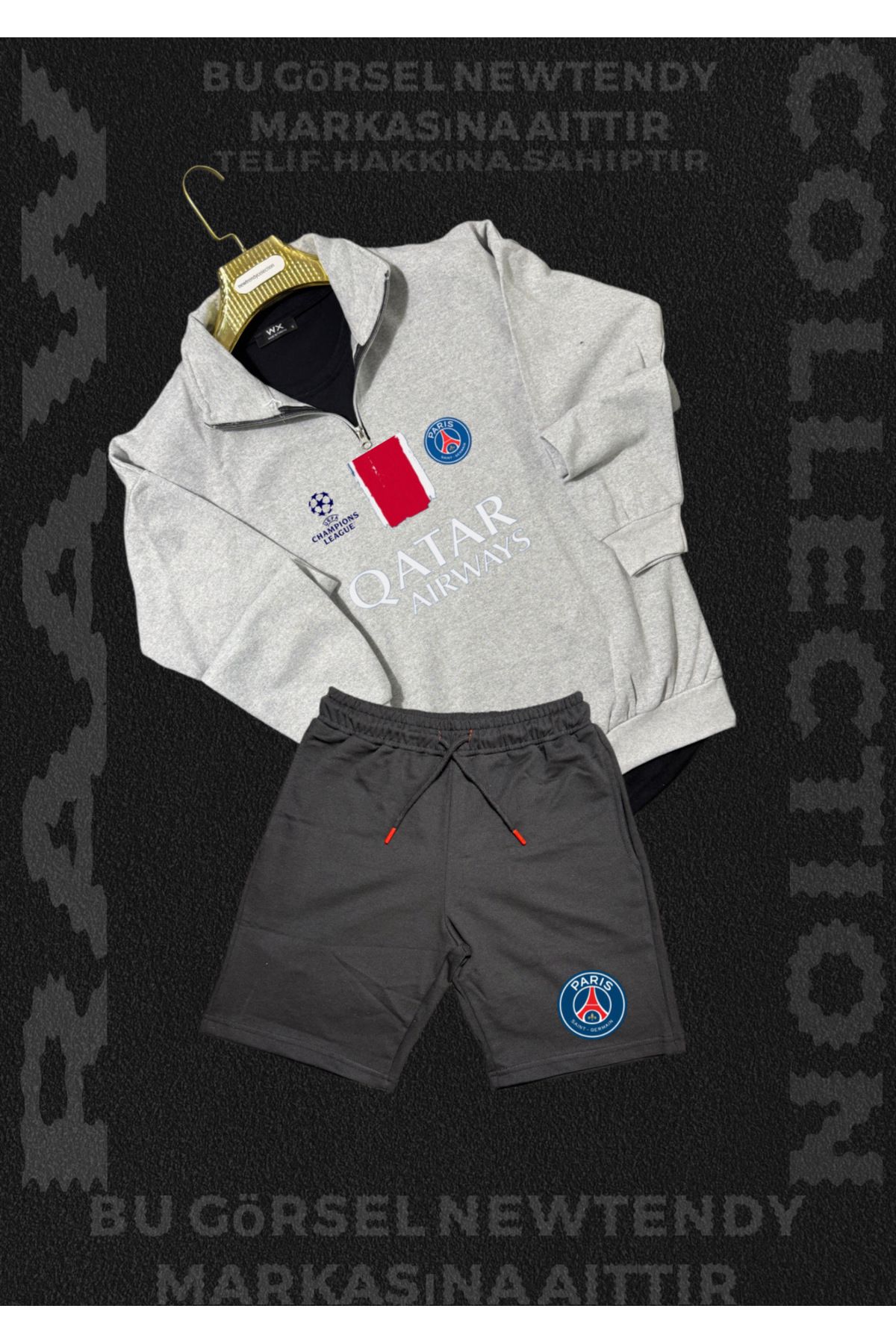 Minikelya Paris Sweatshirt yazlık takım dik yaka Üst penye şort alt Şampiyonlar Ligi Logolu 2li kombin