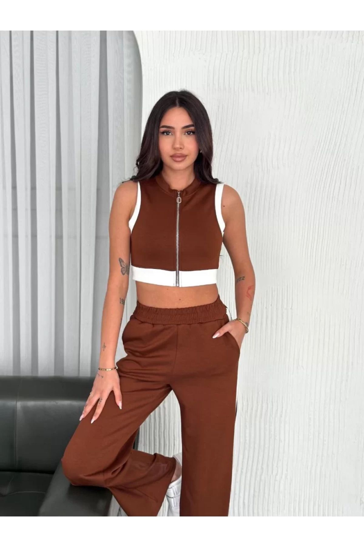 BBbutik Tam Fermuarlı Crop-Pantalon Alt Üst Takım
