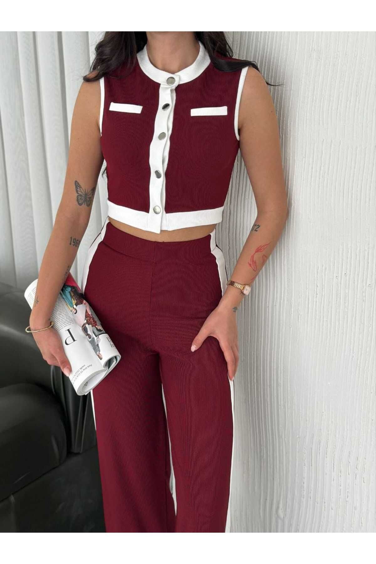 Butik Merrline kadın garnili sıfır kol düğmeli yelekli yüksek bel likralı geniş paça pantolon ikili takım