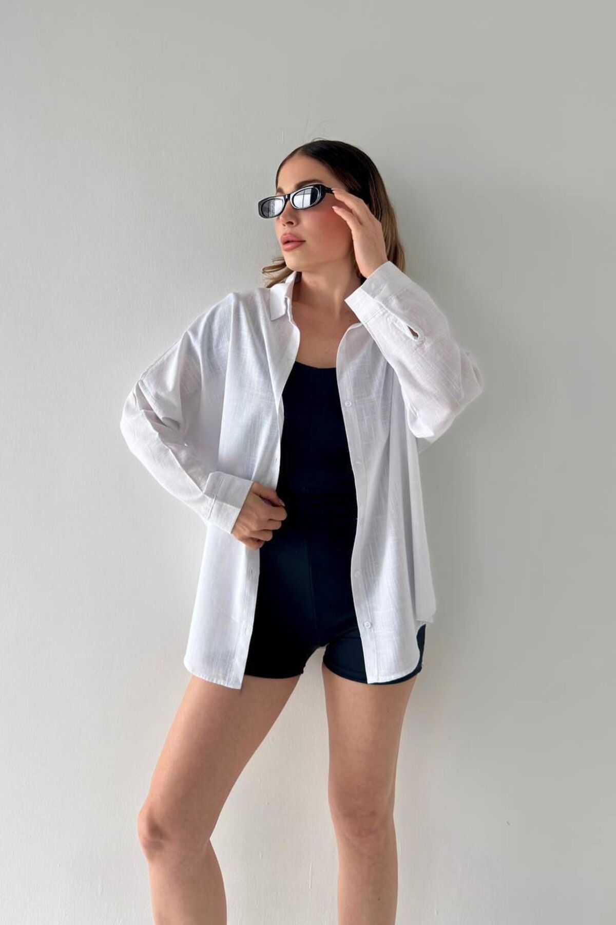 NVFashion Oversize Keten Dokulu %100 Pamuk Salaş Beyaz Gömlek