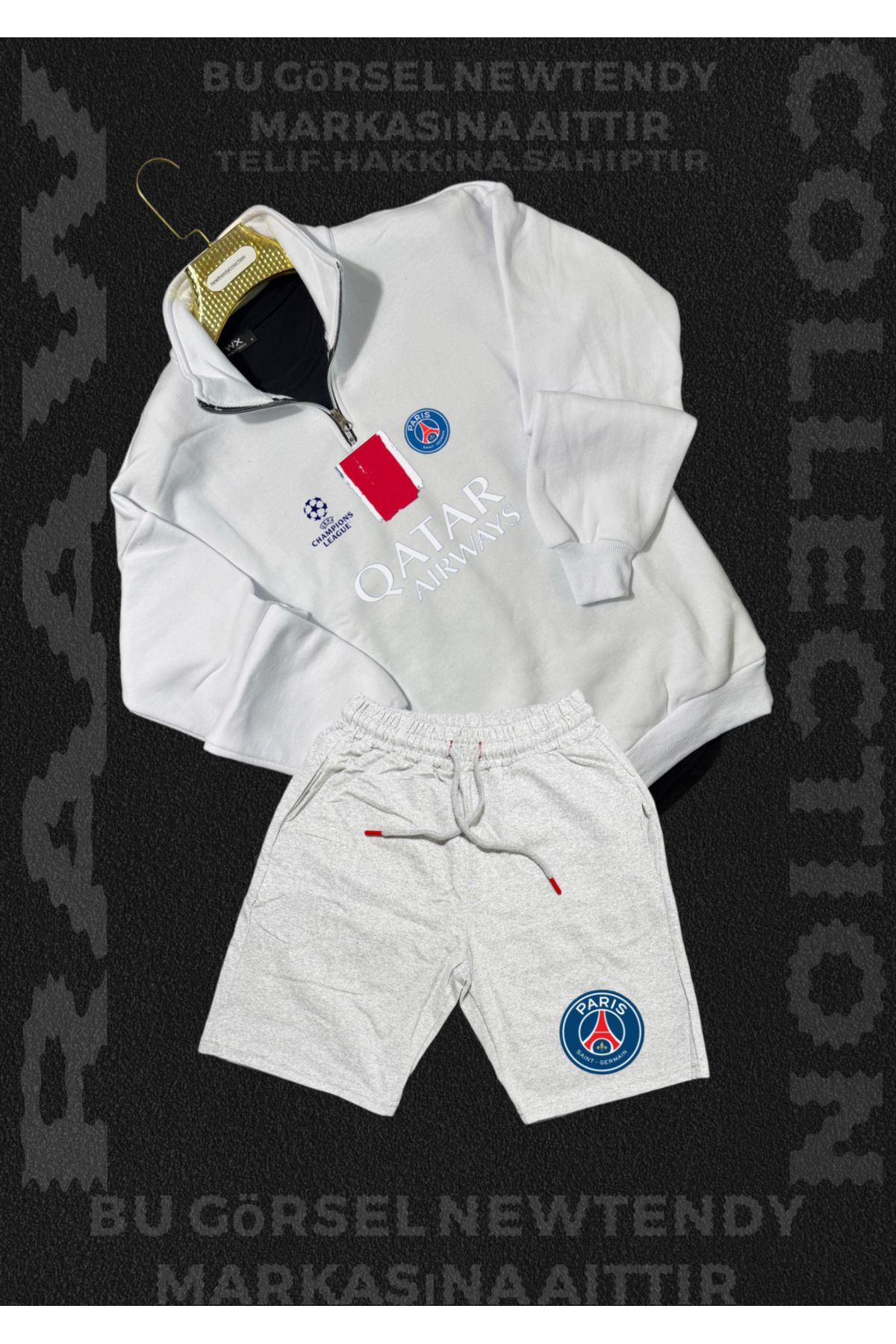 Minikelya Paris Sweatshirt yazlık takım dik yaka Üst penye şort alt Şampiyonlar Ligi Logolu 2li kombin