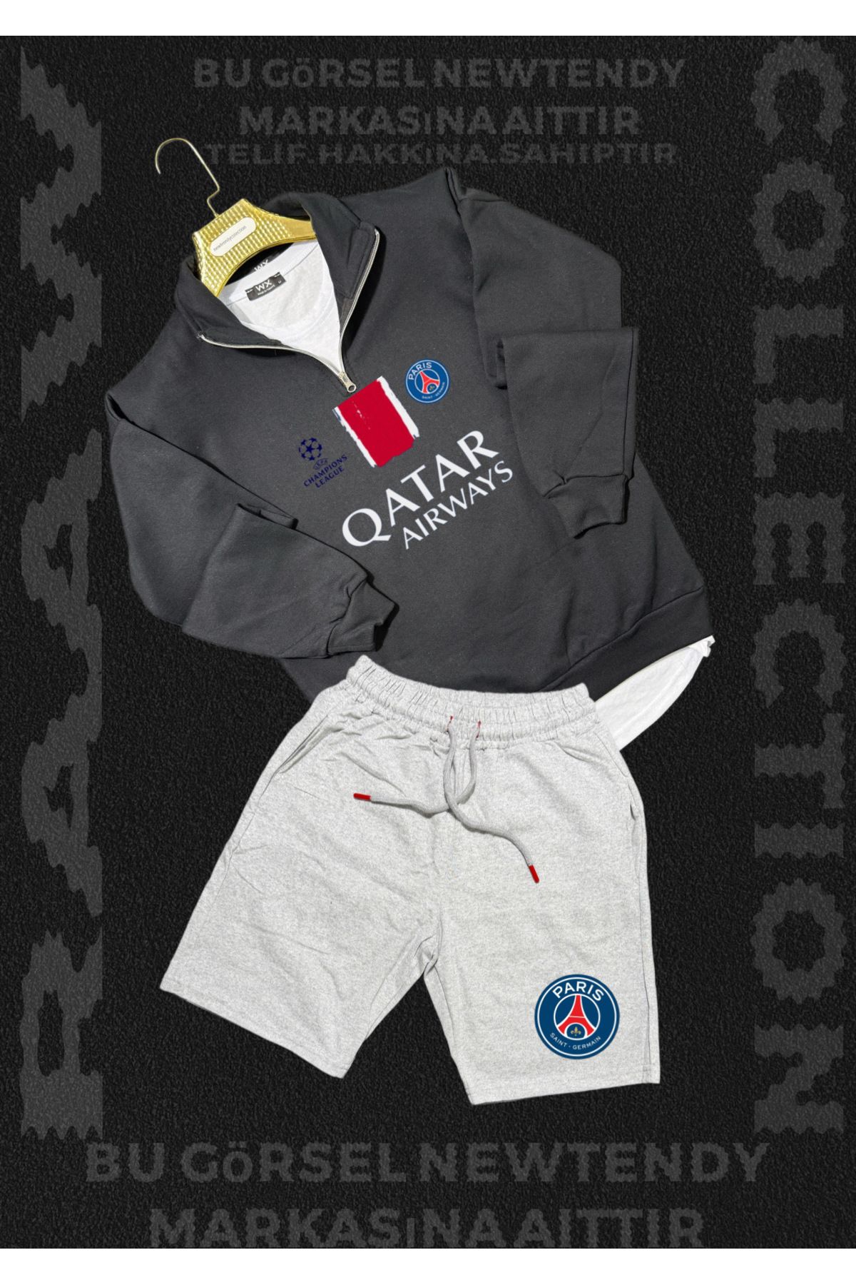 Minikelya Paris Sweatshirt yazlık takım dik yaka Üst penye şort alt Şampiyonlar Ligi Logolu 2li kombin