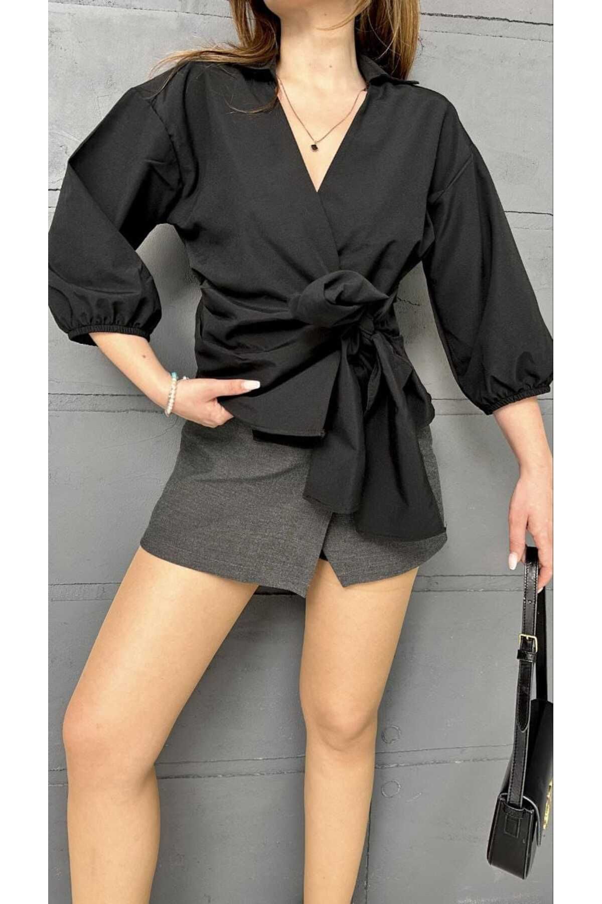 Butik Merline Kadın Siyah Kruvaze Model Yeni Trend Premium Üst Kalite Pamuk Dokuma Gömlek