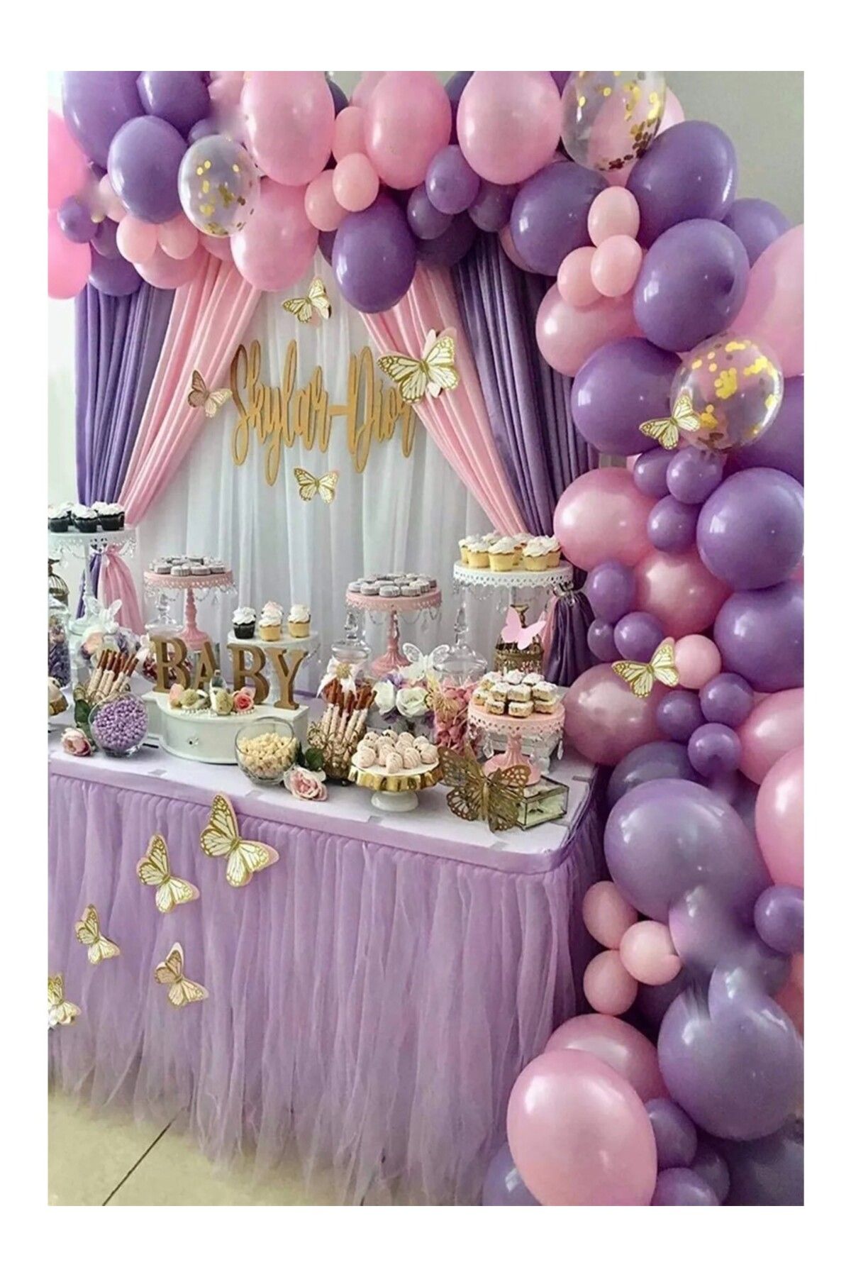 Papatya Party 70 Adet Makaron Pembe Lila Şeffaf Pullu Doğum Günü Balon Seti