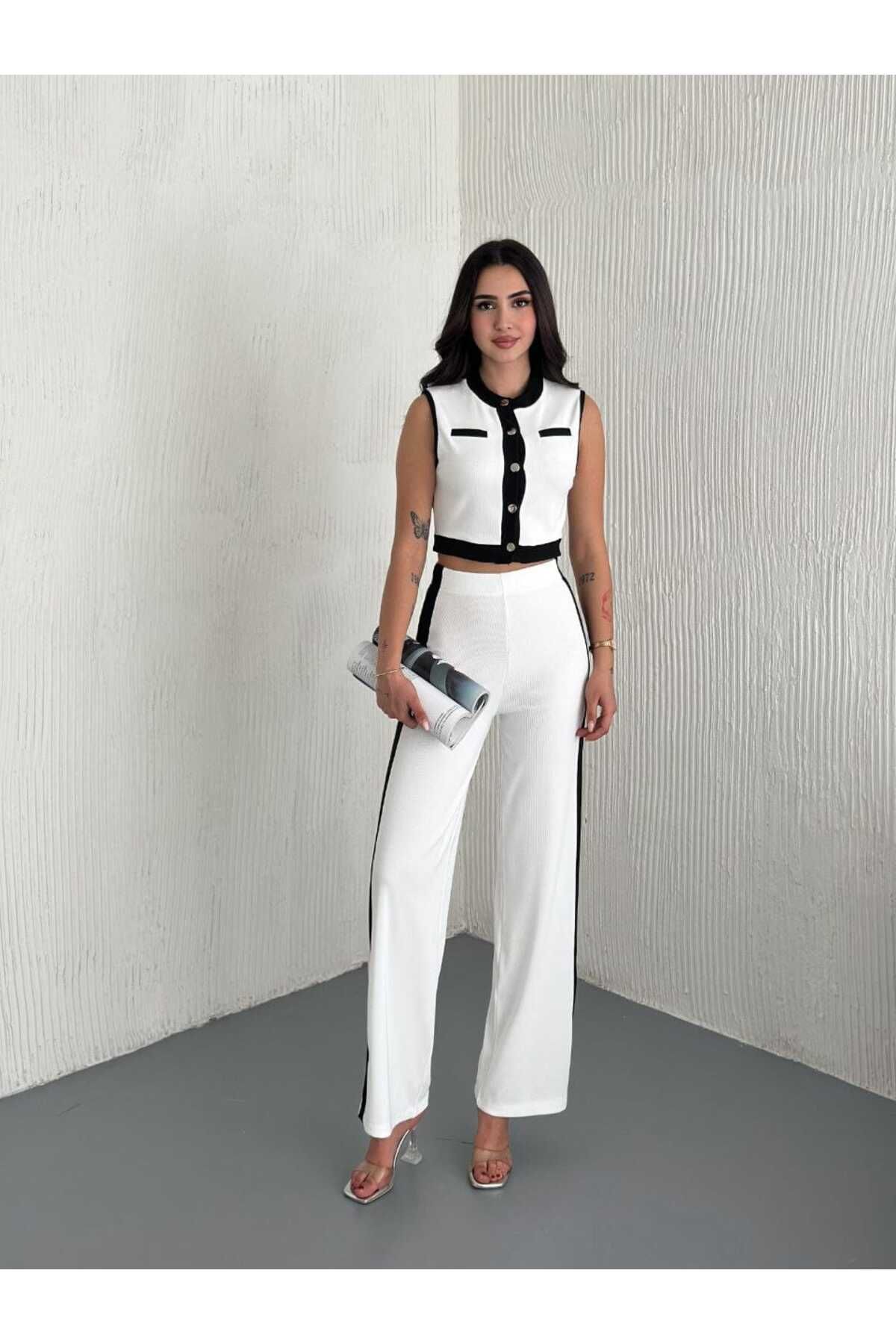 Butik Merrline kadın garnili sıfır kol düğmeli yelekli yüksek bel likralı geniş paça pantolon ikili takım