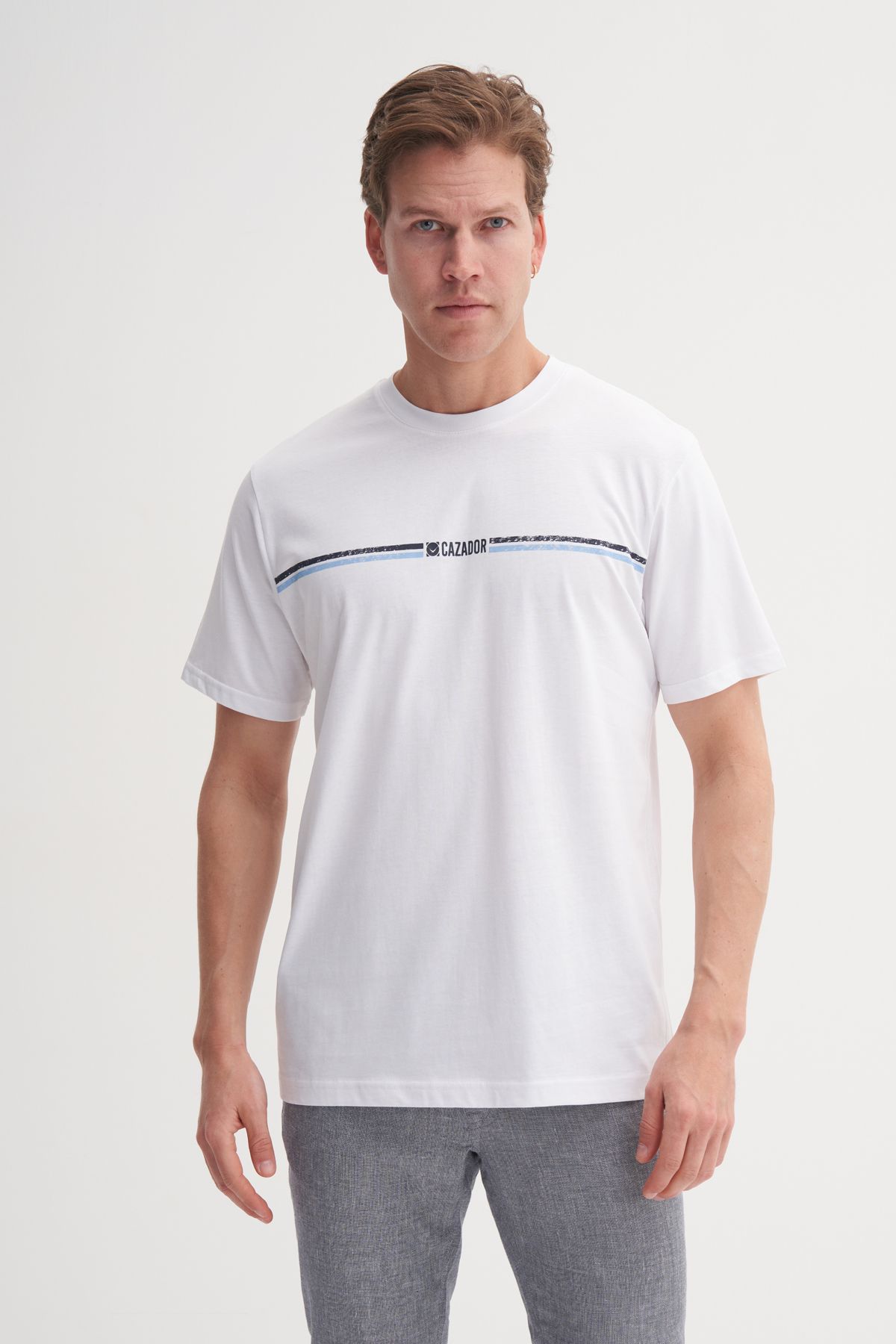 Cazador 25YCEED04135 Beyaz Erkek Regular Fit Önden Baskılı Bisiklet Yaka T-shirt