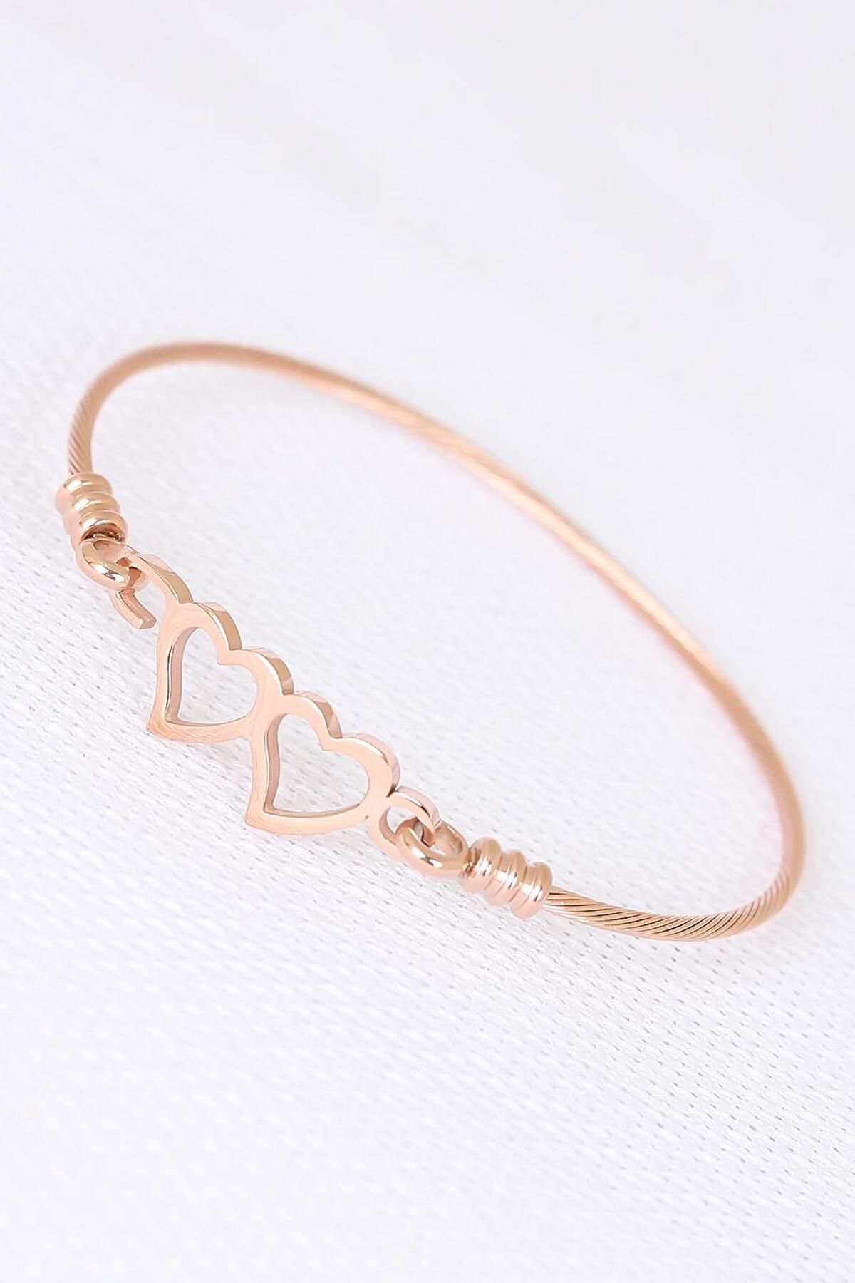 MELFSHOP Rose Çelik Çift Kalp Figürlü Erkek Kelepçe Bileklik
