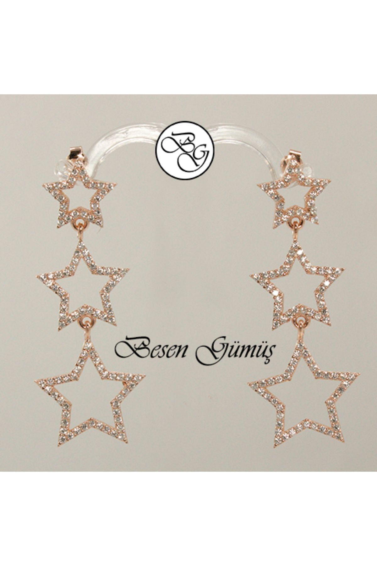 Besen Gümüş Rose Üç Yıldız Sallantılı Küpe