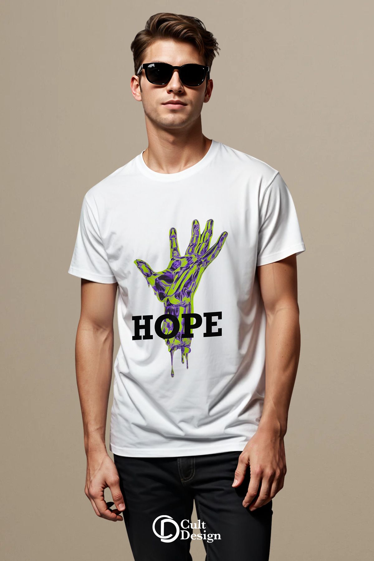 CULTDESİGN YEŞİL HOPE DETAYLI UNİSEX model Özel Premium Baskılı Basic, Organik Pamuklu, Bisiklet Yaka T-Shirt