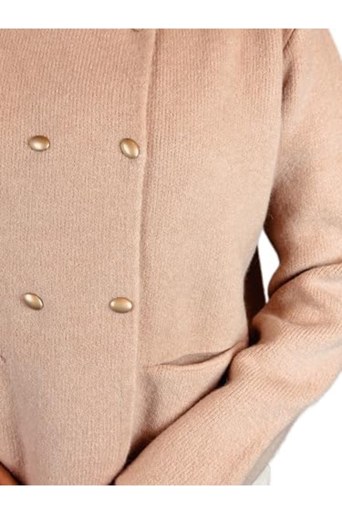 جاكيت صوف طويل بلون الجمل مع أزرار وجيوب للنساء والفتيات من