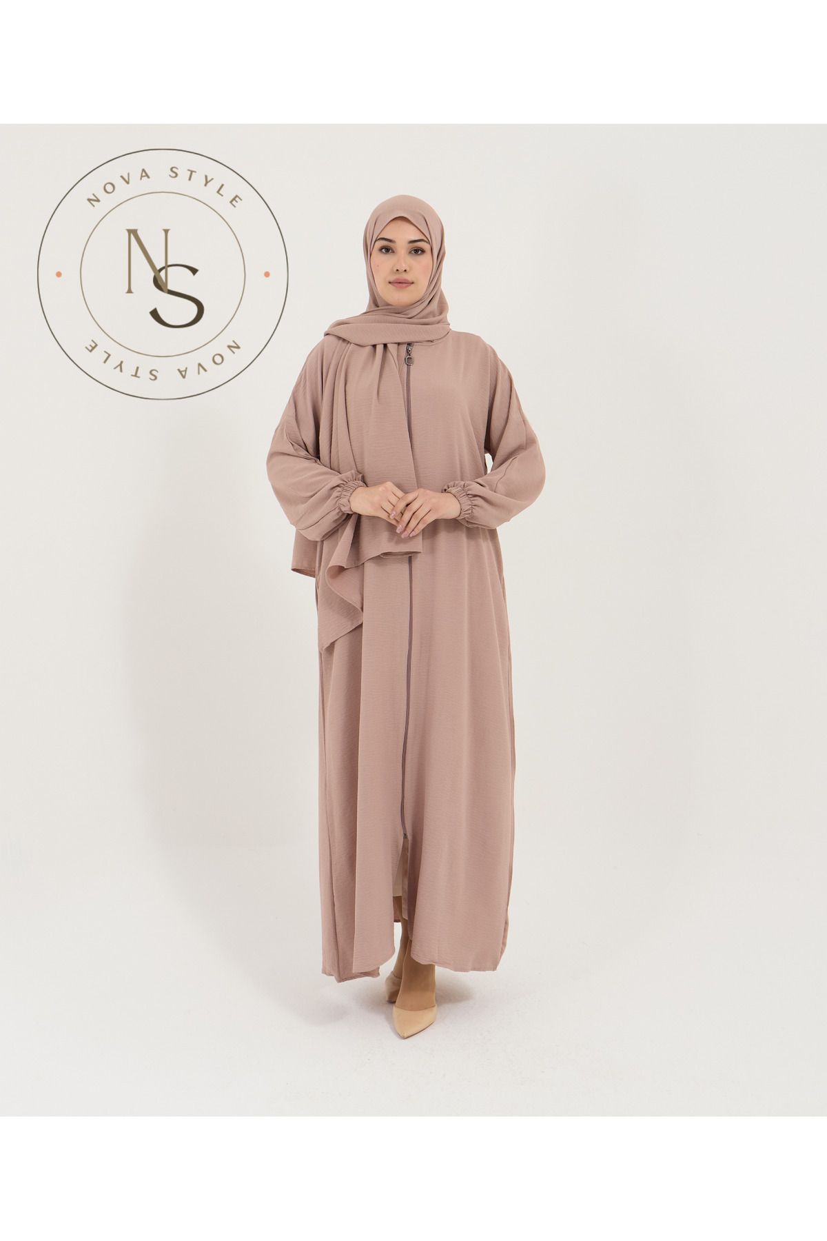 Nova Style Namaz Ve Umre Elbisesi Kolu Lastik Detaylı Kendinden Şallı