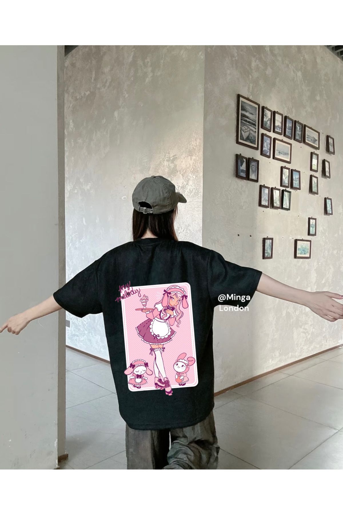 Minga London Siyah My Melody Game Card Sırt Baskılı Oversize Unisex T-shirt -mingalondon