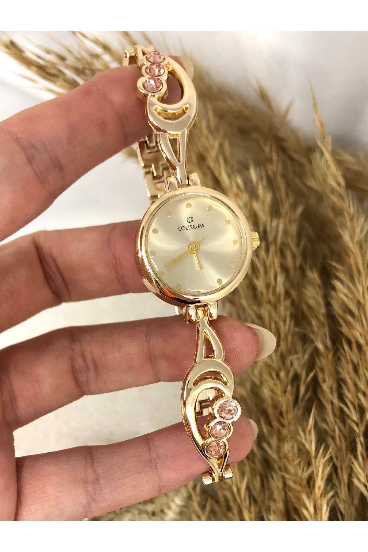 TD TRENDDURAGI Yuvarlak Tasarım Pembe Taşlı Gold Kadın Kol Saati