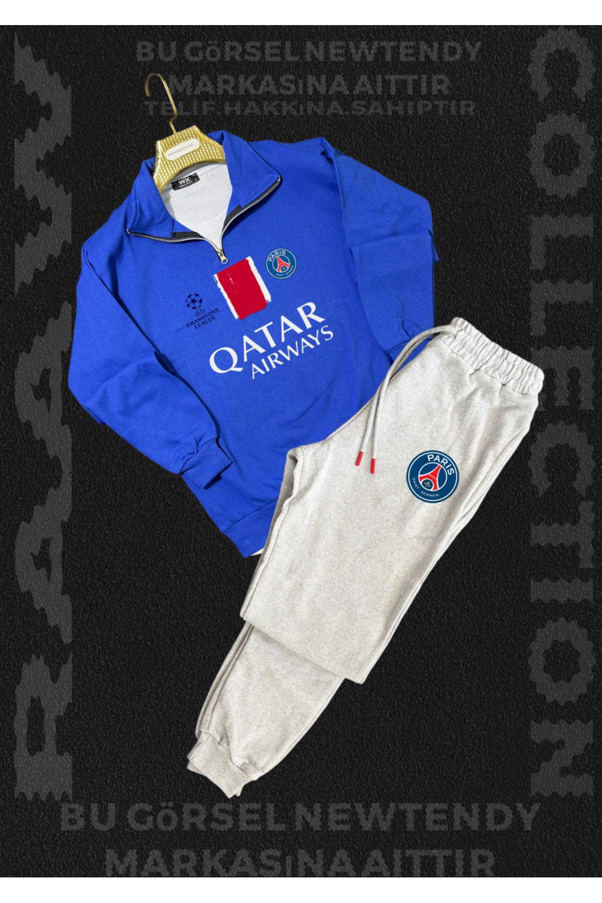 Minikelya Paris Sweatshirt yazlık takım dik yaka Üst penye şort alt Şampiyonlar Ligi Logolu 2li kombin