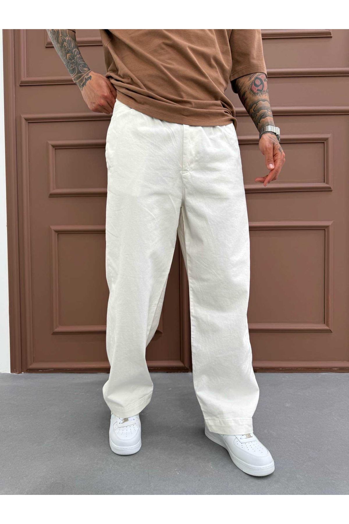 Denim Shorty Baggy Relaxed Beyaz Renk Gabardin Keten Pileli Pantolon