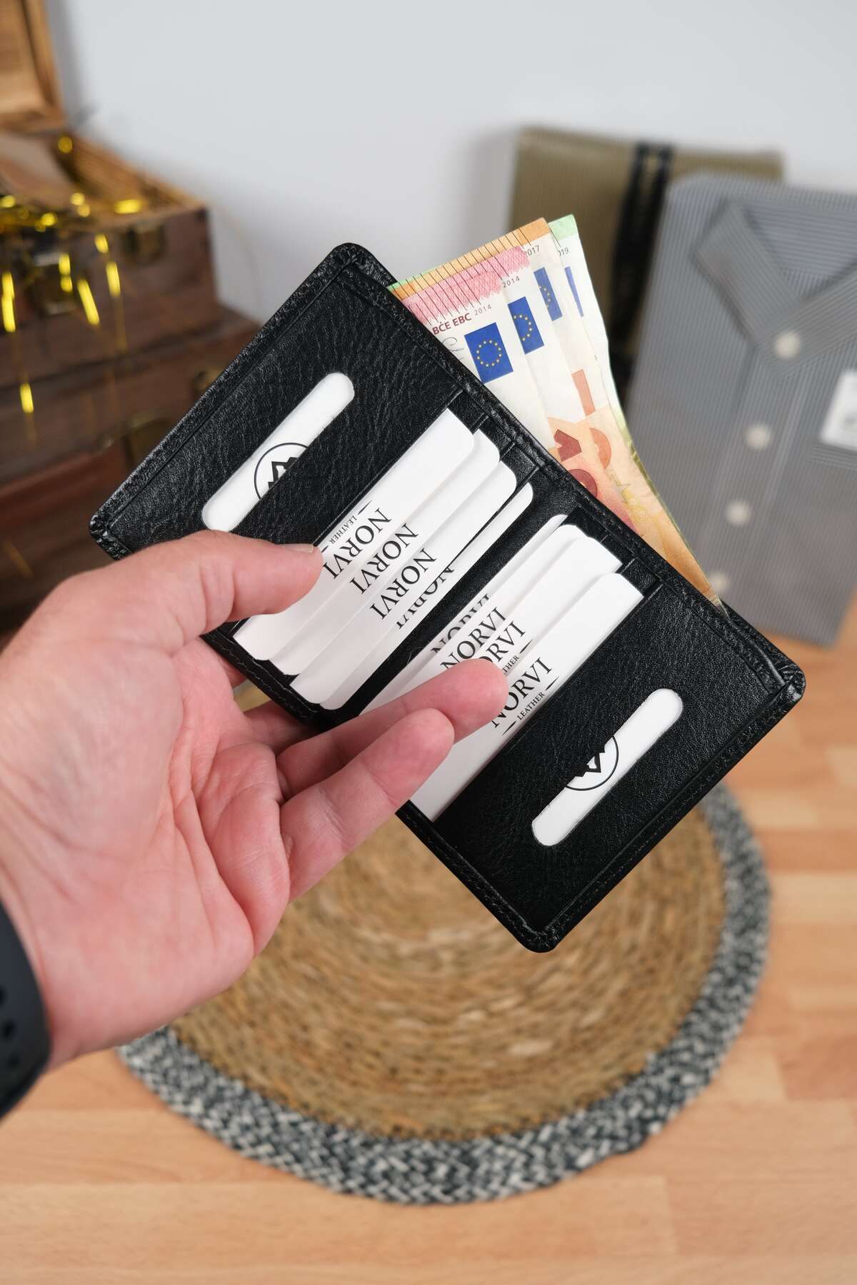 Norvi Leather İnce Hakiki Deri Cüzdan Kartlık Parlak Siyah