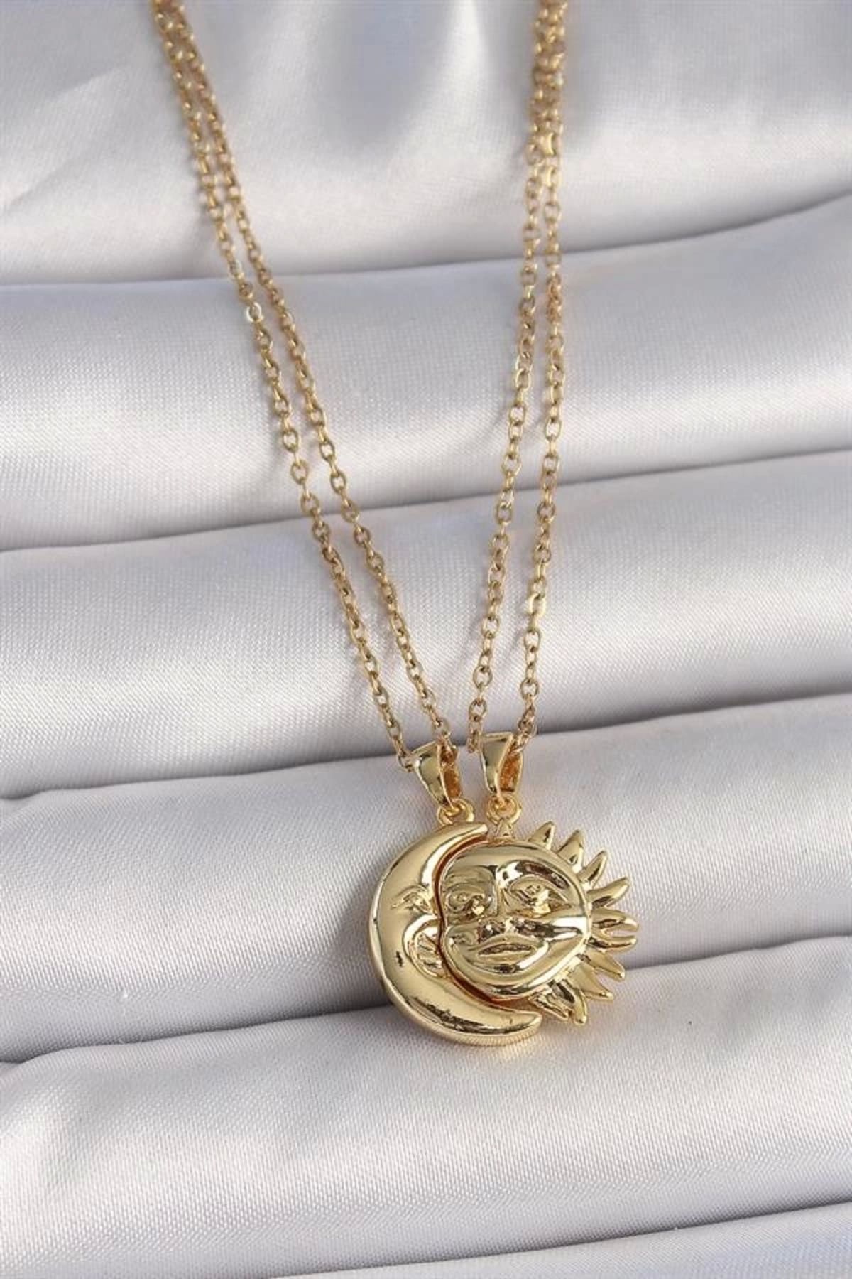 Merev 316L Çelik Gold Renk Ay Güneş Model Arkadaşlık Kadın Kolye
