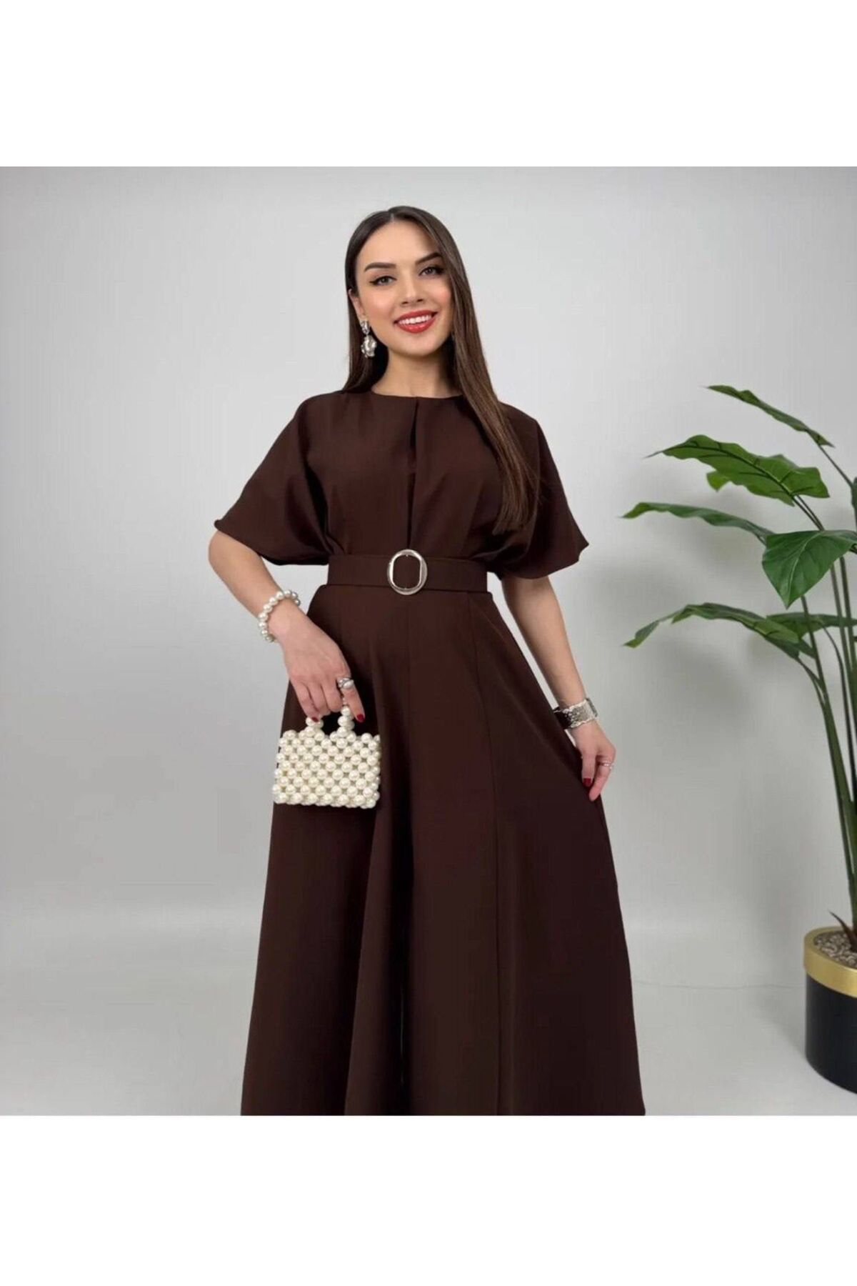 mafdress Kadın Kahverengi Kısa Kol Kemer Detay Abiye Mezuniyet Elbisesi