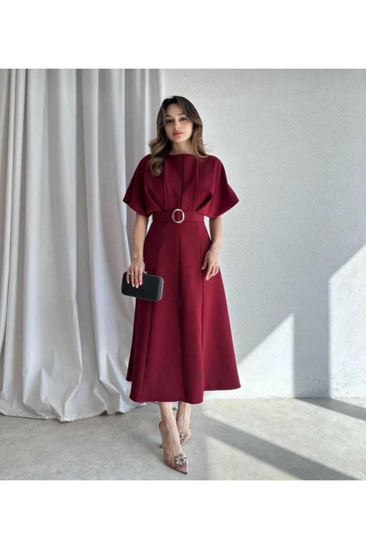 mafdress Kadın Bordo Kısa Kol Kemer Detay Abiye Mezuniyet Elbisesi
