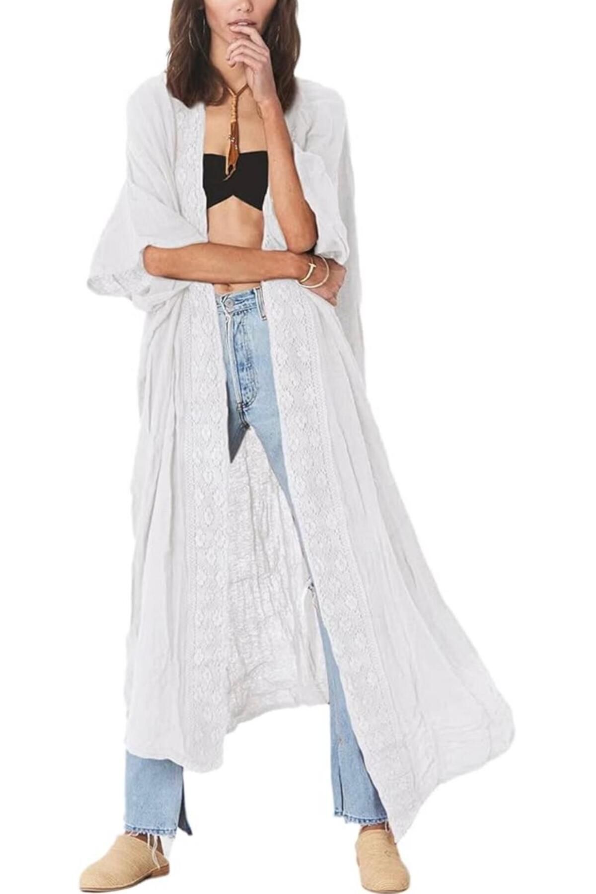 Bsubseach Nakışlı Yarım Kollu Açık Ön Kimono Plaj Örtüleri Kadınlar İçin