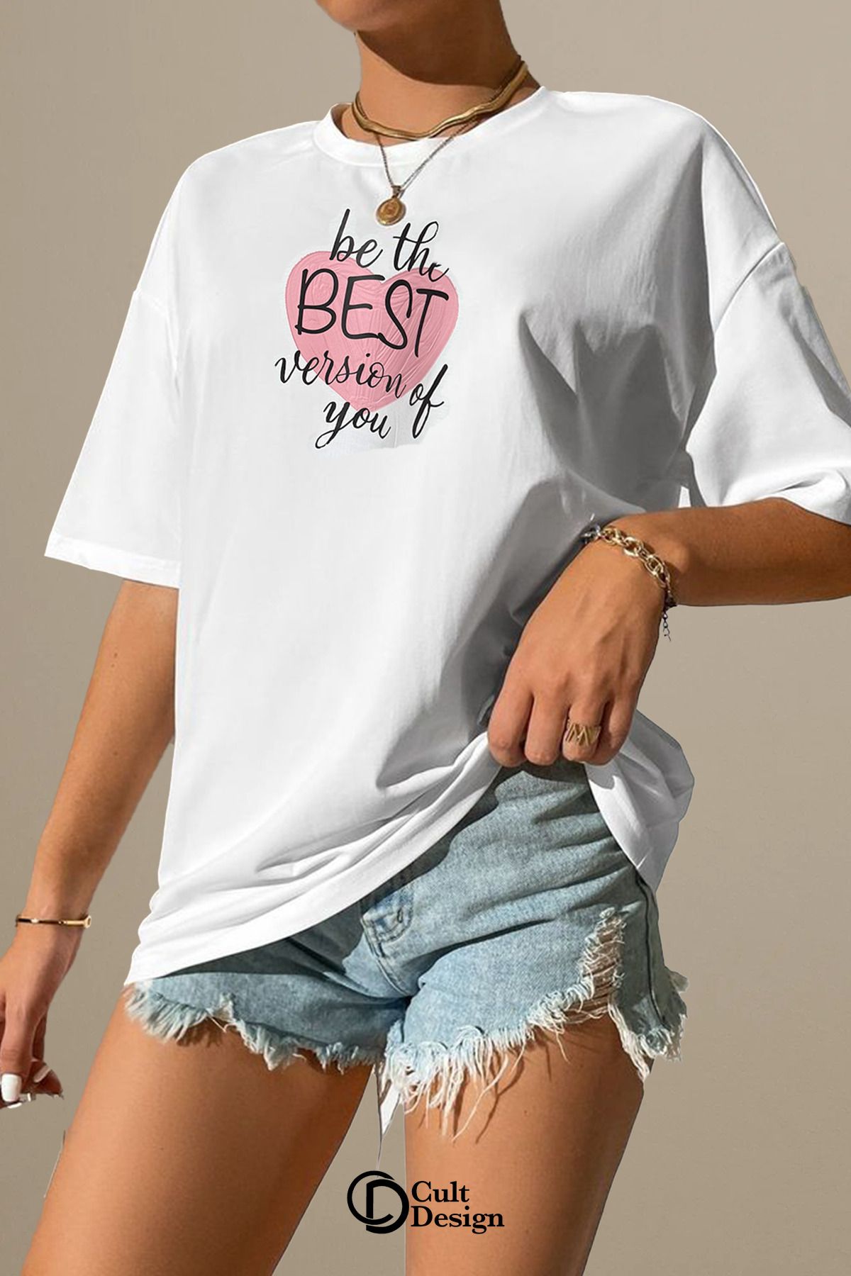 CULTDESİGN THE BEST PEMBE KADIN Premium Baskılı Basic, Organik Pamuklu, Bisiklet Yaka T-Shirt